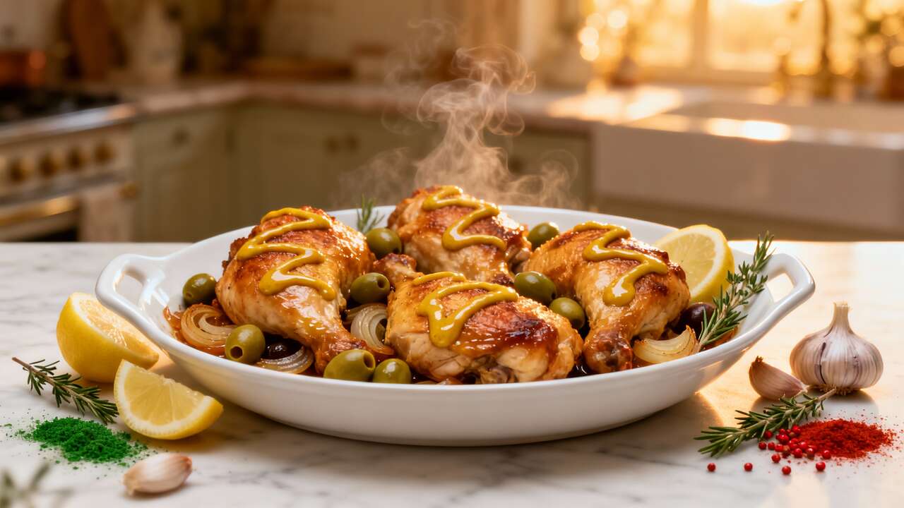 Poulet yassa à la moutarde et aux olives : recette savoureuse et facile