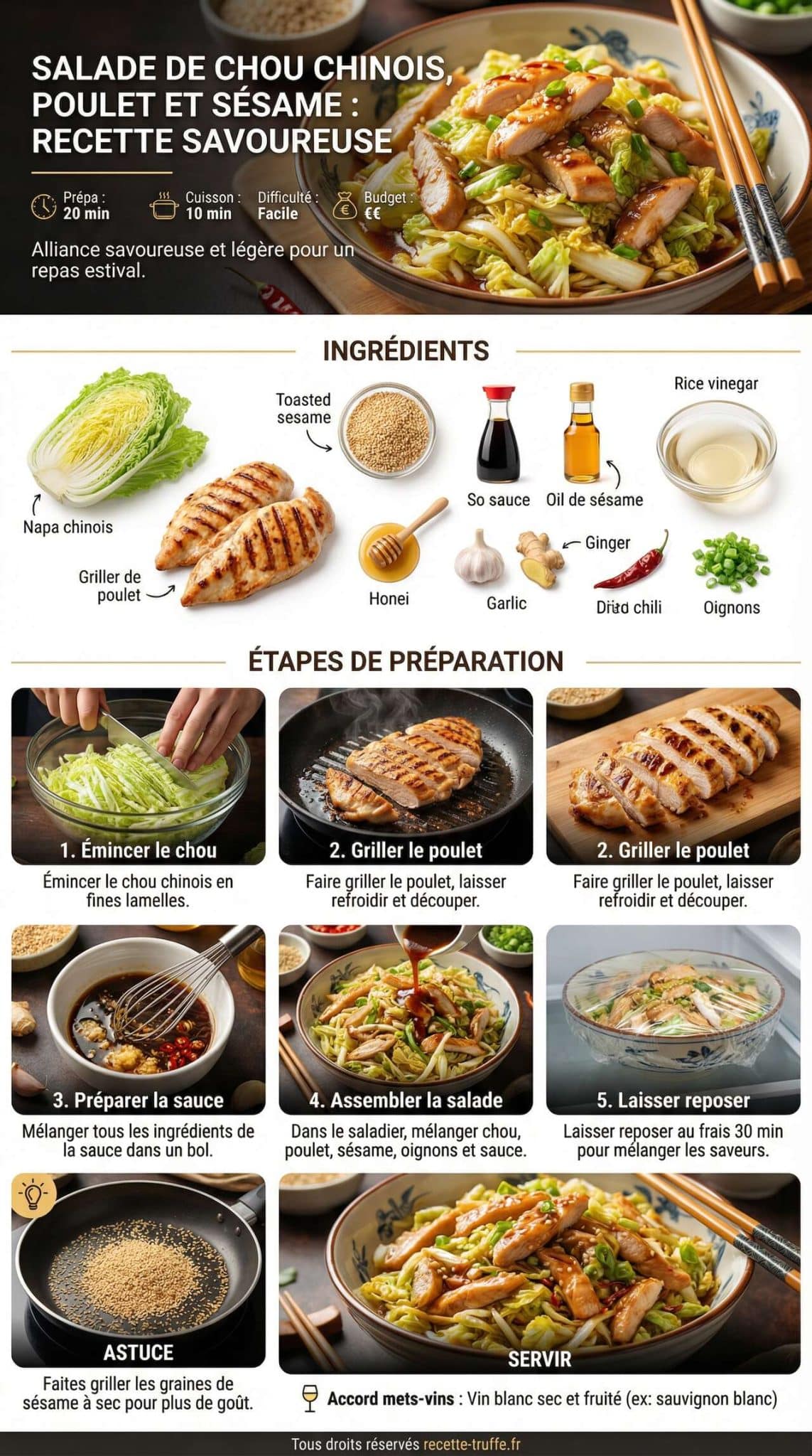 Fiche recette Salade de chou chinois, poulet et s&eacute;same : recette savoureuse