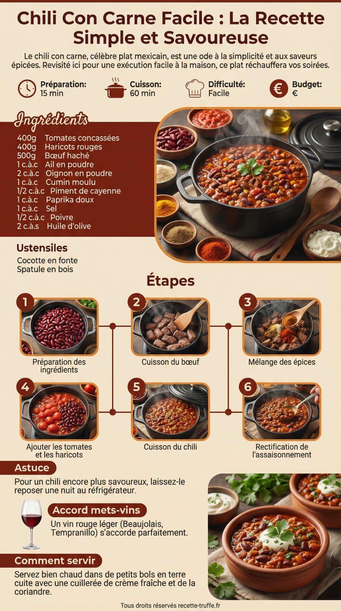 Fiche recette Chili con carne facile : la recette simple et savoureuse