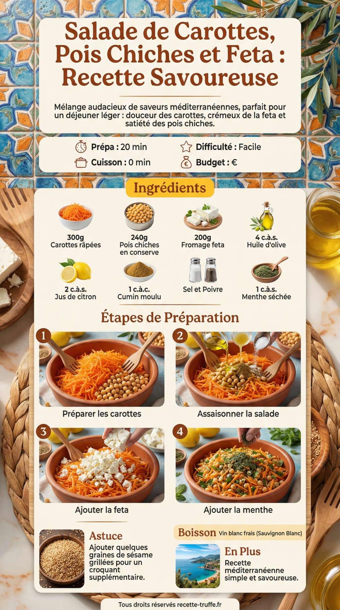 Fiche recette Salade de Carottes, pois Chiches et Feta : recette Savoureuse
