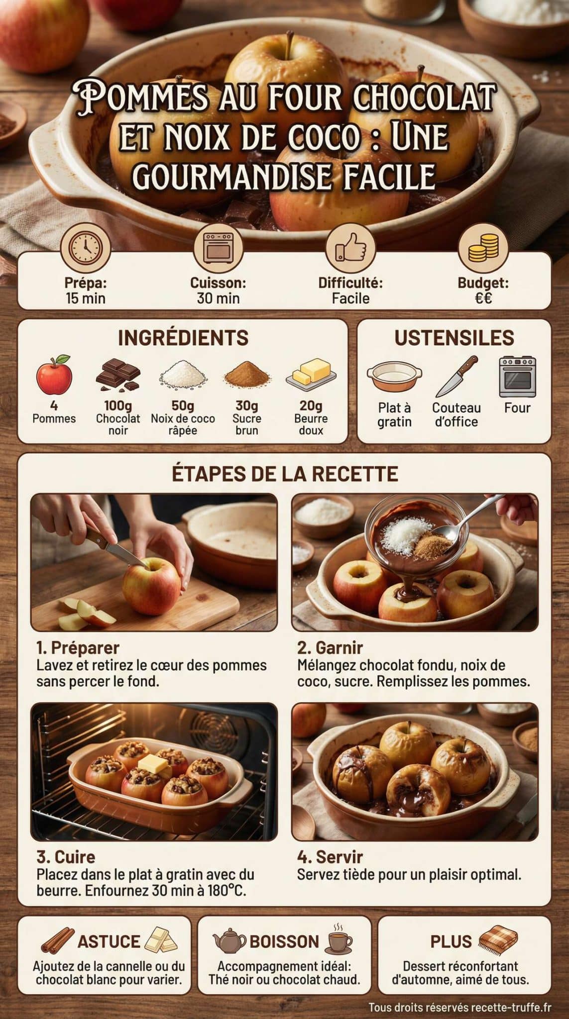 Fiche recette Pommes au four chocolat et noix de coco : une gourmandise facile