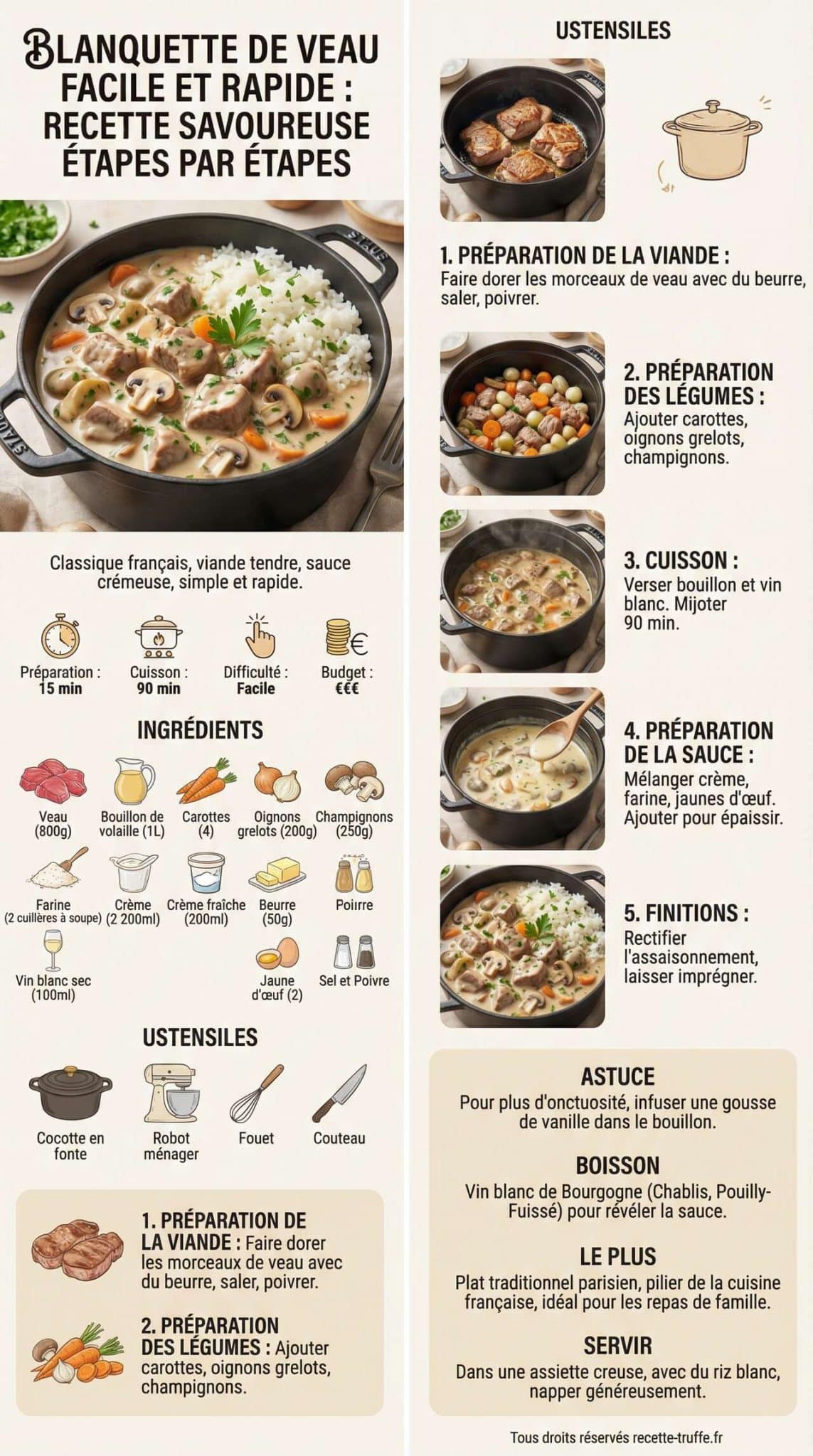 Fiche recette Blanquette de veau facile et rapide : recette savoureuse &eacute;tapes par &eacute;tapes