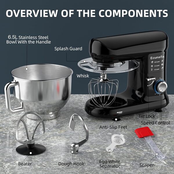 Robot Patissier, 2000W Robot Cuisine Multifonctions 6,5L Faible Bruit Robot Pétrin Professionnel avec Crochet Pétrisseur, Batteur, Fouet à Fil, Couvercle, 6+P Vitesses [Classe énergétique A+++]