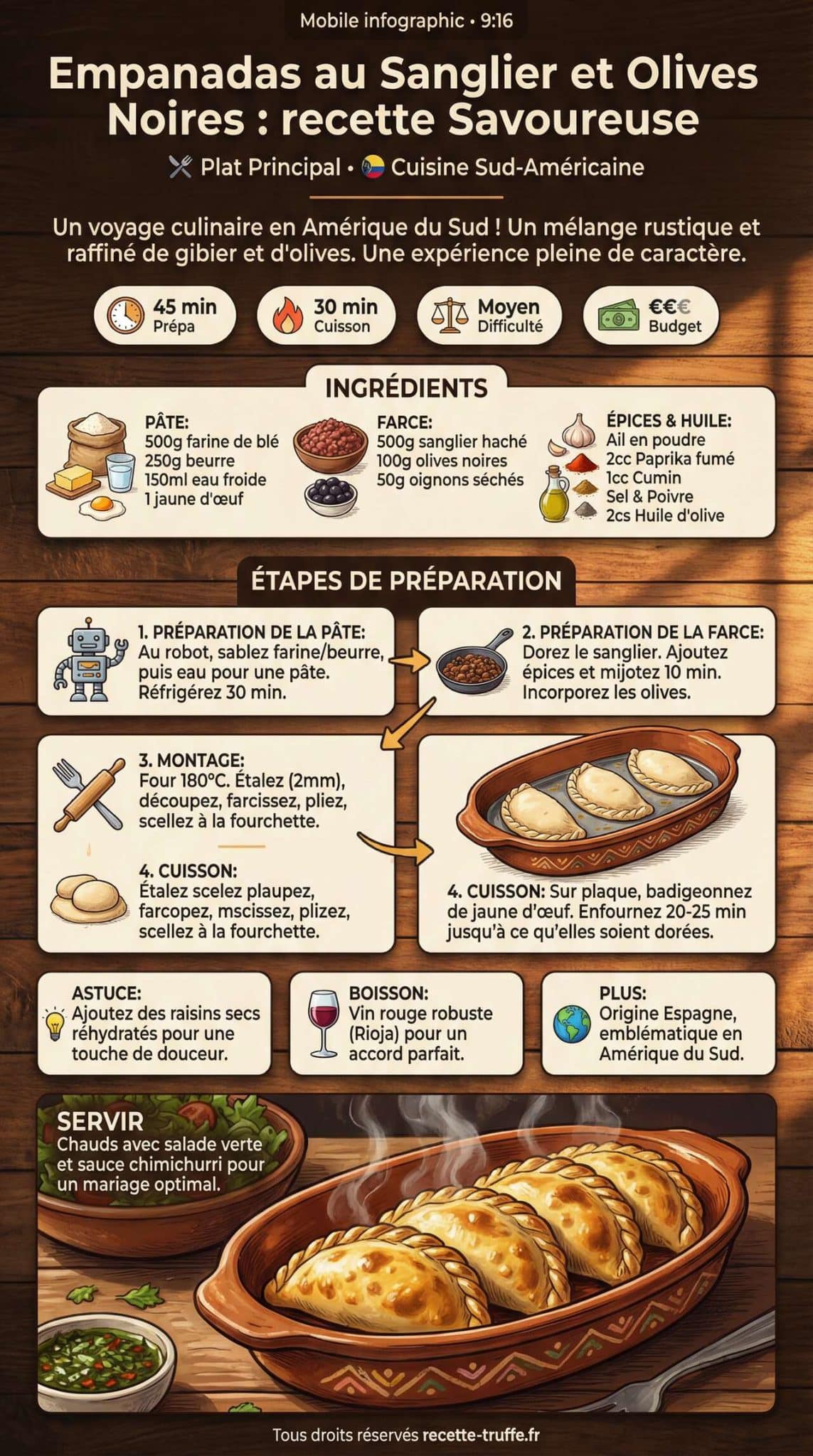 Fiche recette Empanadas au Sanglier et Olives Noires : recette Savoureuse