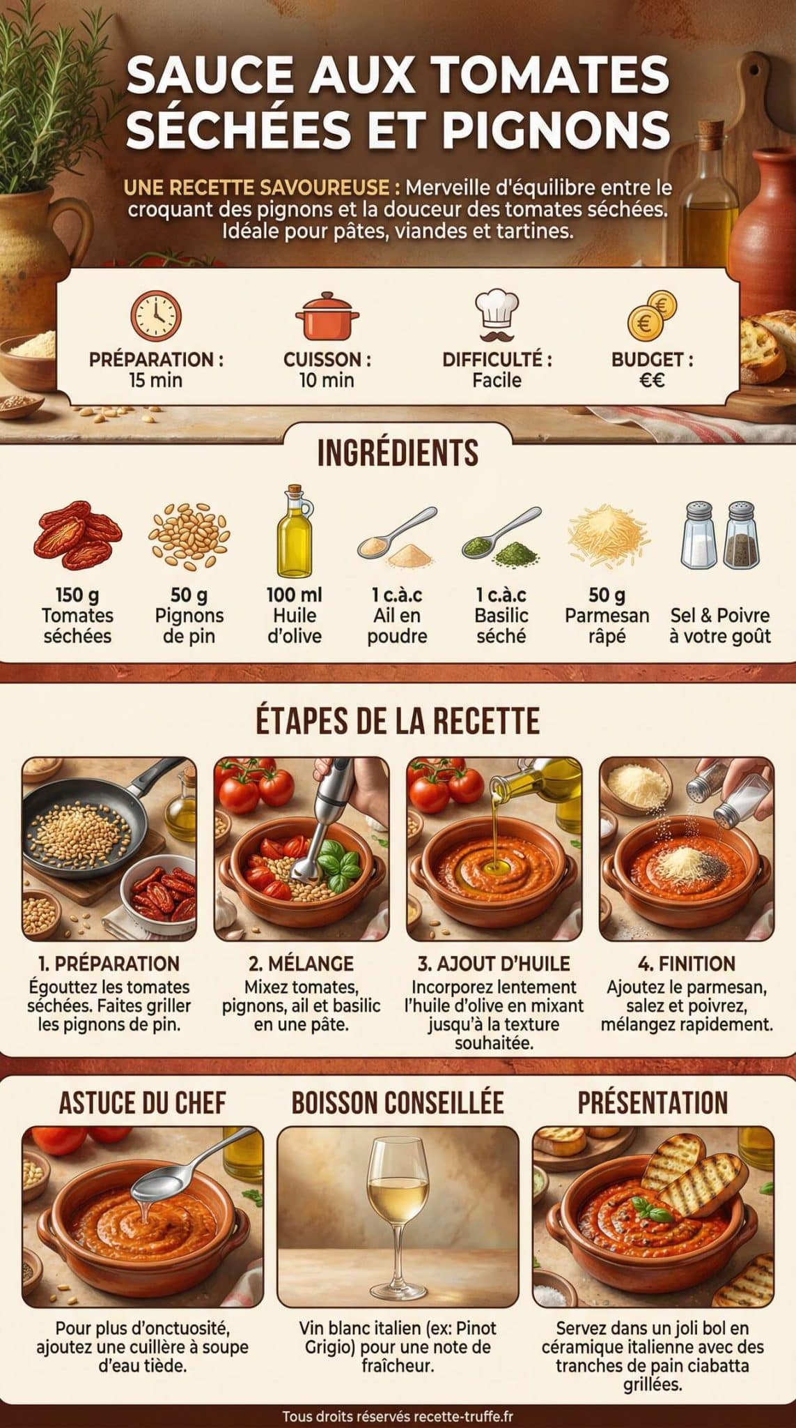 Fiche recette Sauce aux tomates s&eacute;ch&eacute;es et pignons : une recette savoureuse