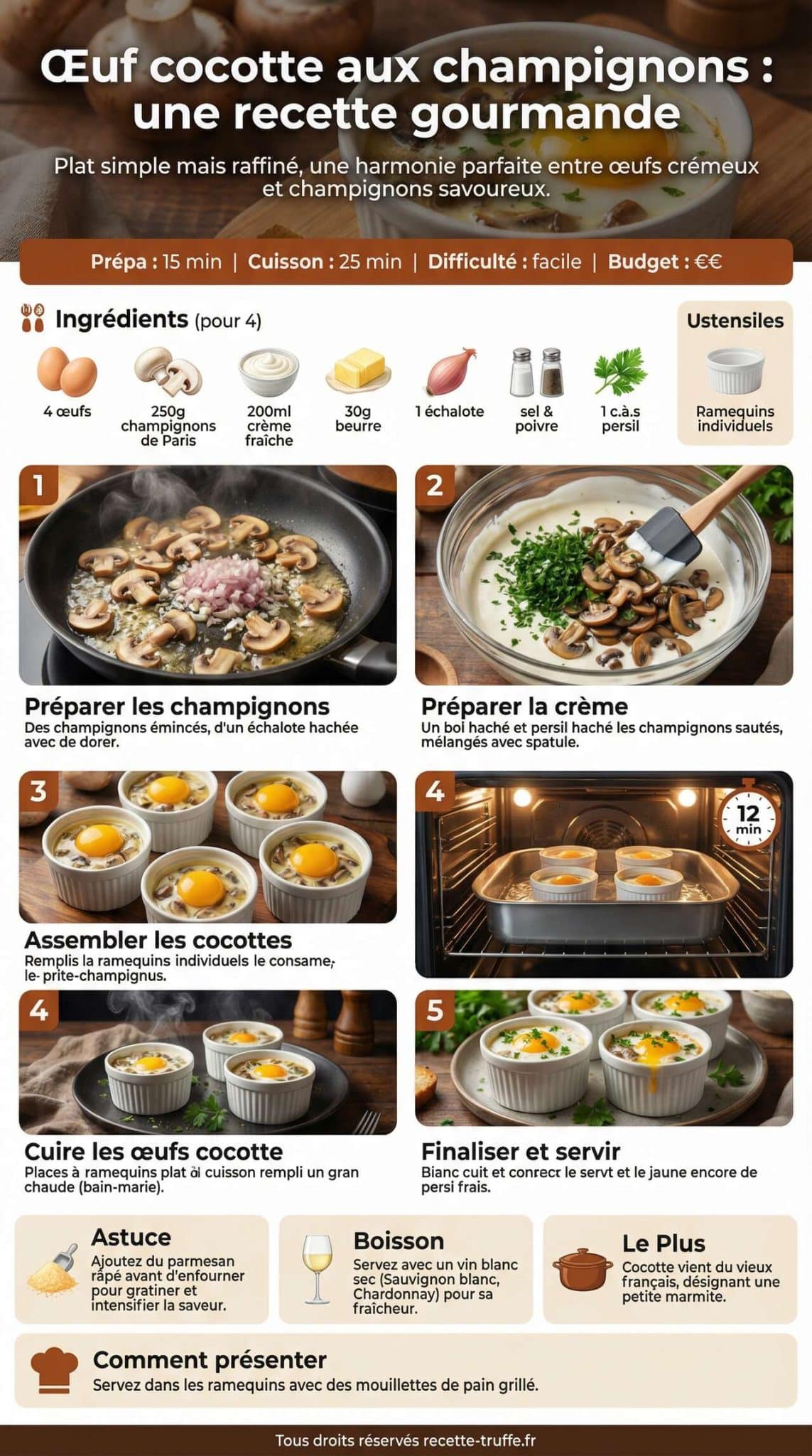 Fiche recette &OElig;uf cocotte aux champignons : une recette gourmande