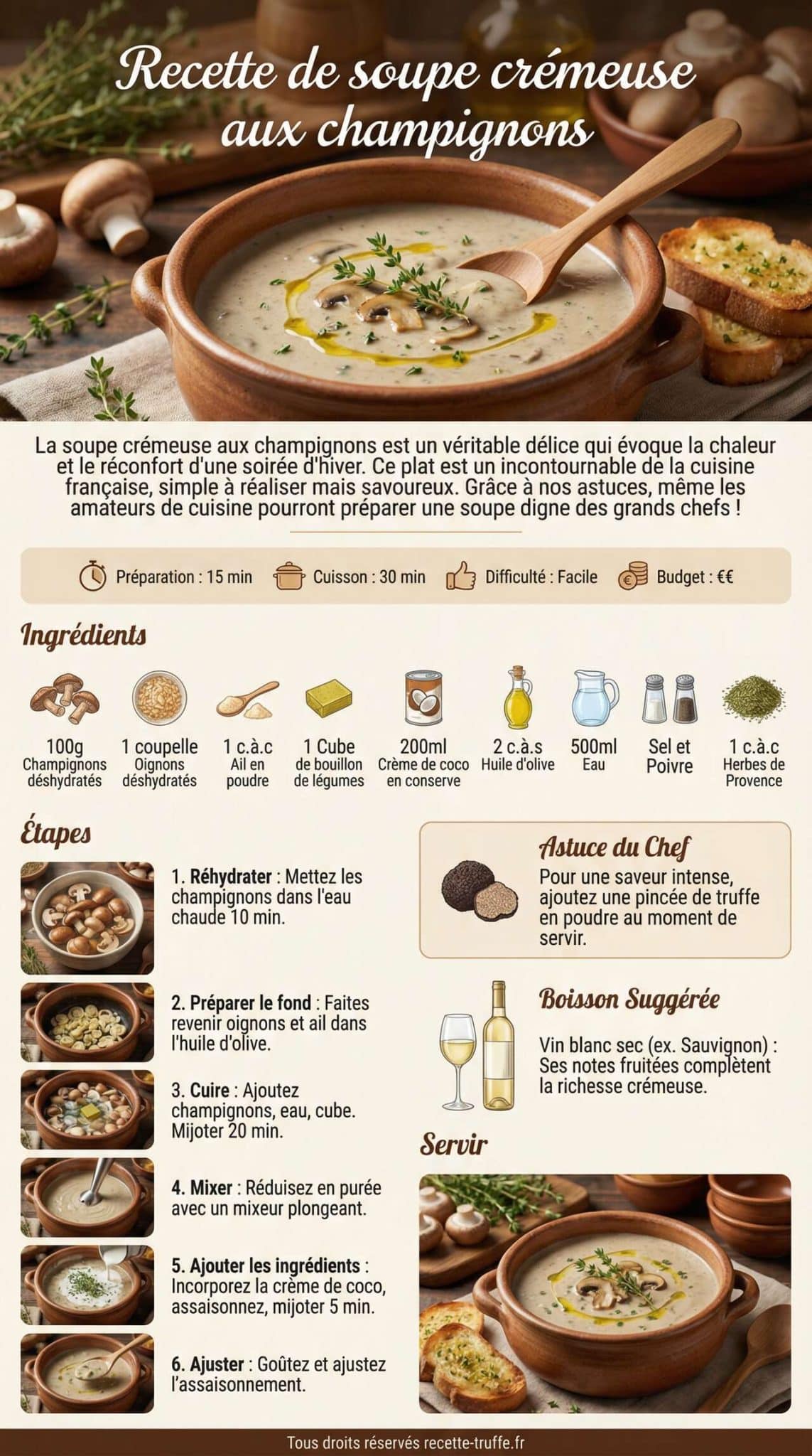 Fiche recette Recette de soupe cr&eacute;meuse aux champignons
