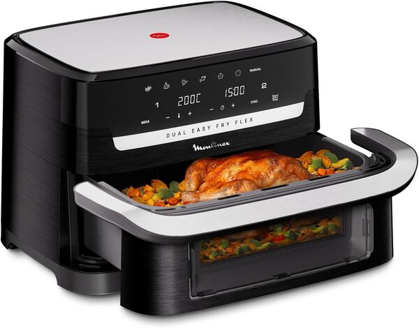 Moulinex Easy Fry Dual Flex, air fryer, Grand tiroir de 9L, Double zone, Séparateur amovible, jusqu'à 8personnes, 7programmes intuitifs, EZ9228F0, noire, Noir