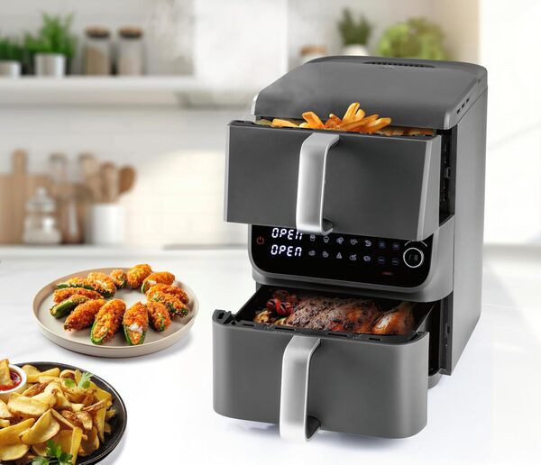 GOURMETmaxx FryUp Friteuse à air chaud double chambre Multitaille 10 litres Friteuse à air vertical avec 2 tailles de chambre : gaspillez moins d'espace de cuisson, 10 programmes et écran tactile LED