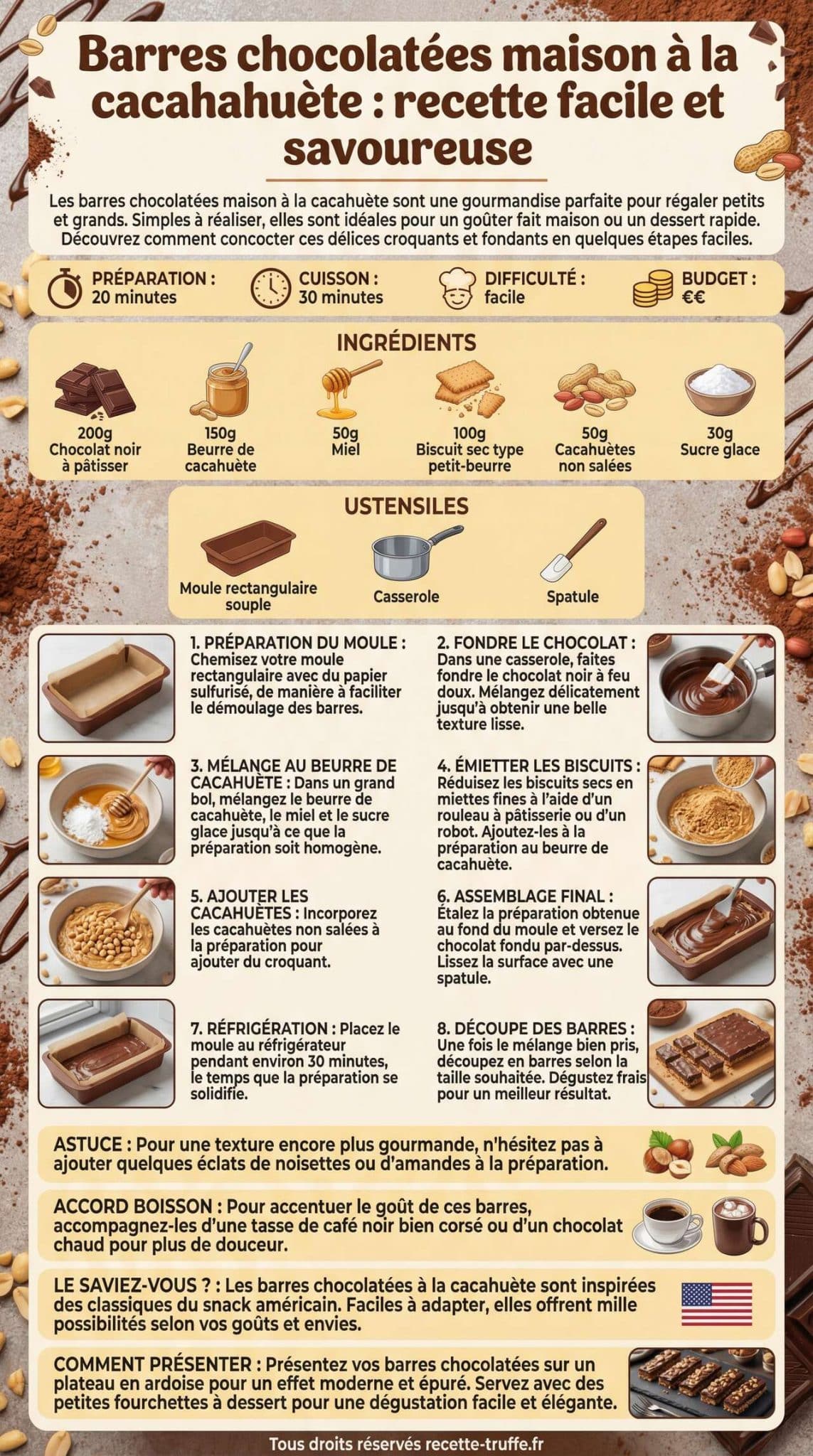 Fiche recette Barres chocolat&eacute;es maison &agrave; la cacahu&egrave;te : recette facile et savoureuse