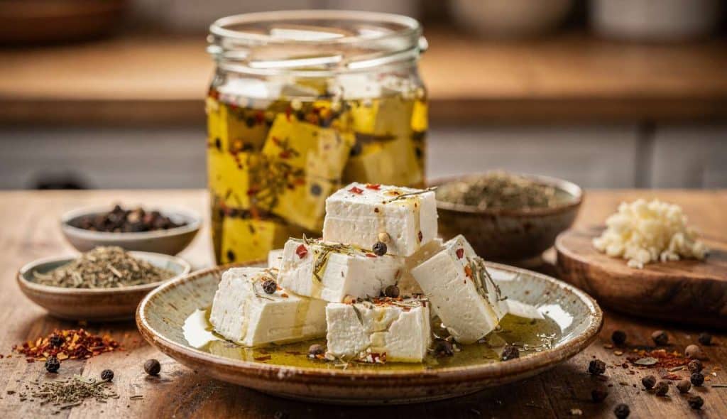 Feta marinée maison à l'huile d'olive : recette savoureuse