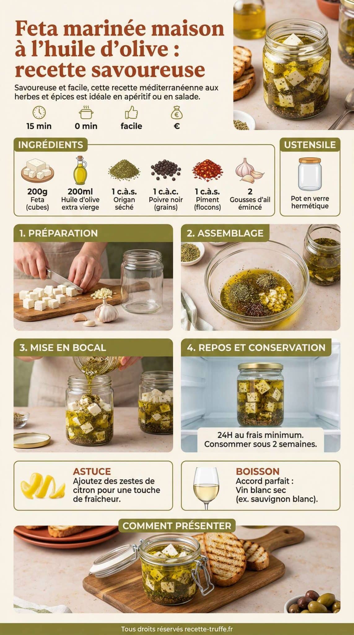 Fiche recette Feta marin&eacute;e maison &agrave; l'huile d'olive : recette savoureuse