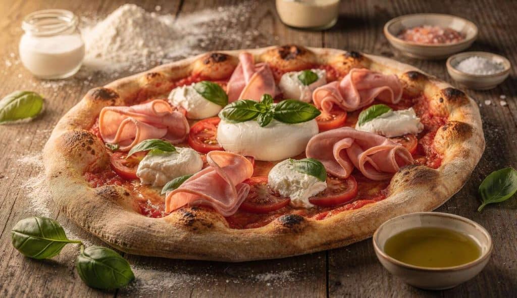 Pizza à la Tomate, burrata, basilic et Mortadelle : recette Savoureuse