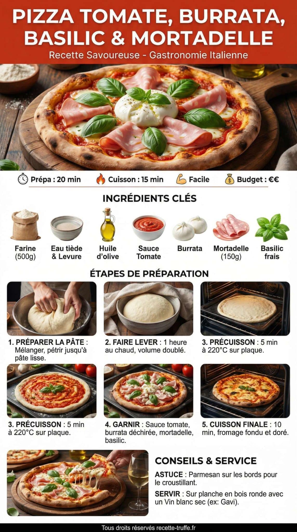 Fiche recette Pizza &agrave; la Tomate, burrata, basilic et Mortadelle : recette Savoureuse