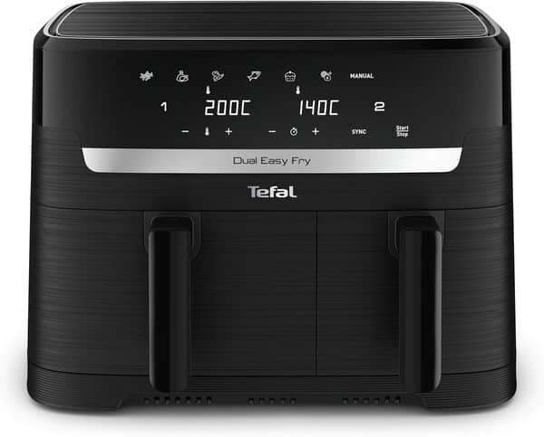 Tefal Dual Easy Fry, Friteuse à air chaud à double chambre, 8,3 l, 2Kg de nourriture, 2 tiroirs indépendants, 7 programmes automatiques, Econome en énergie, Airfryer, Noir, EY901810