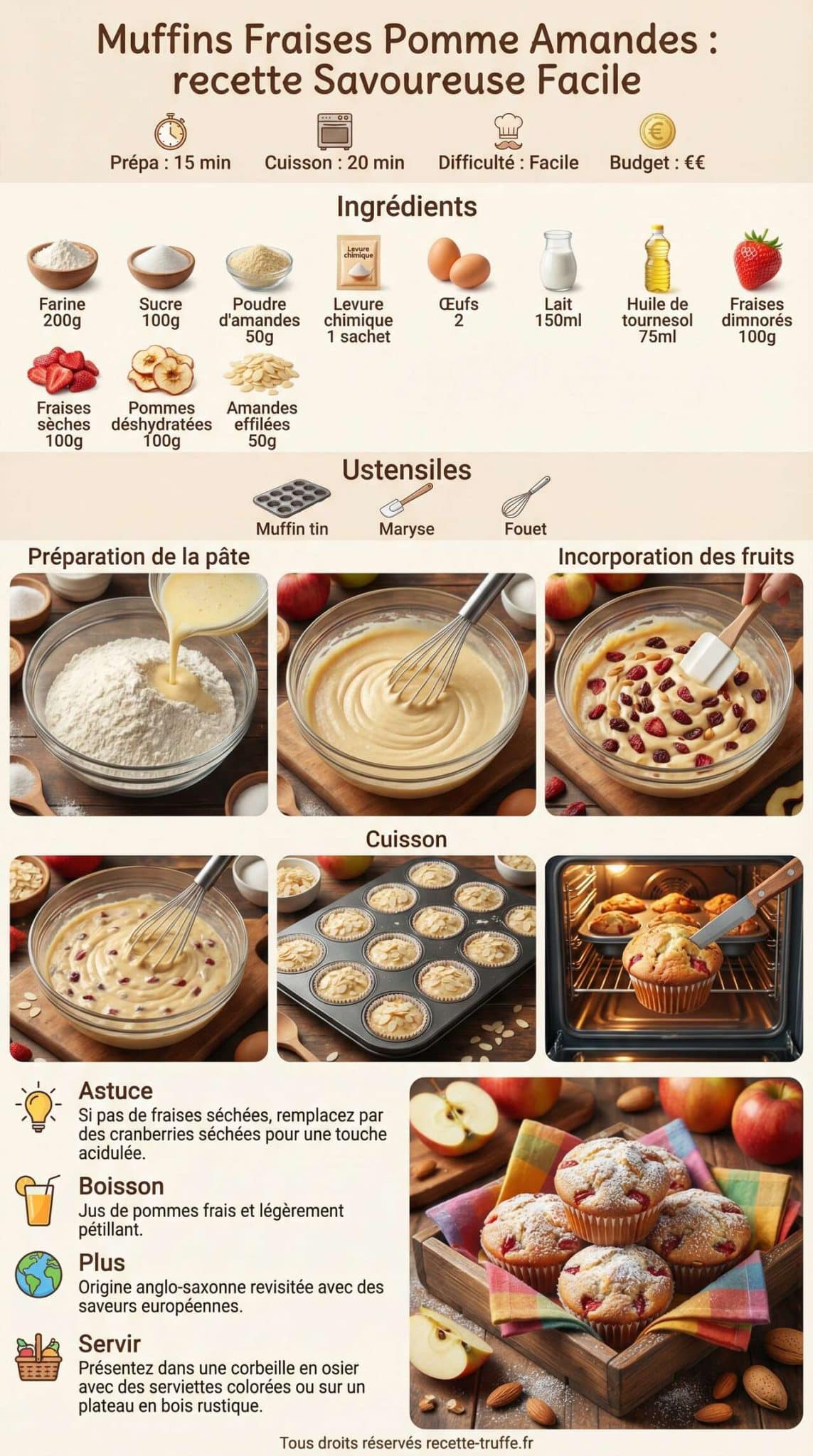 Fiche recette Muffins Fraises Pomme Amandes : recette Savoureuse Facile