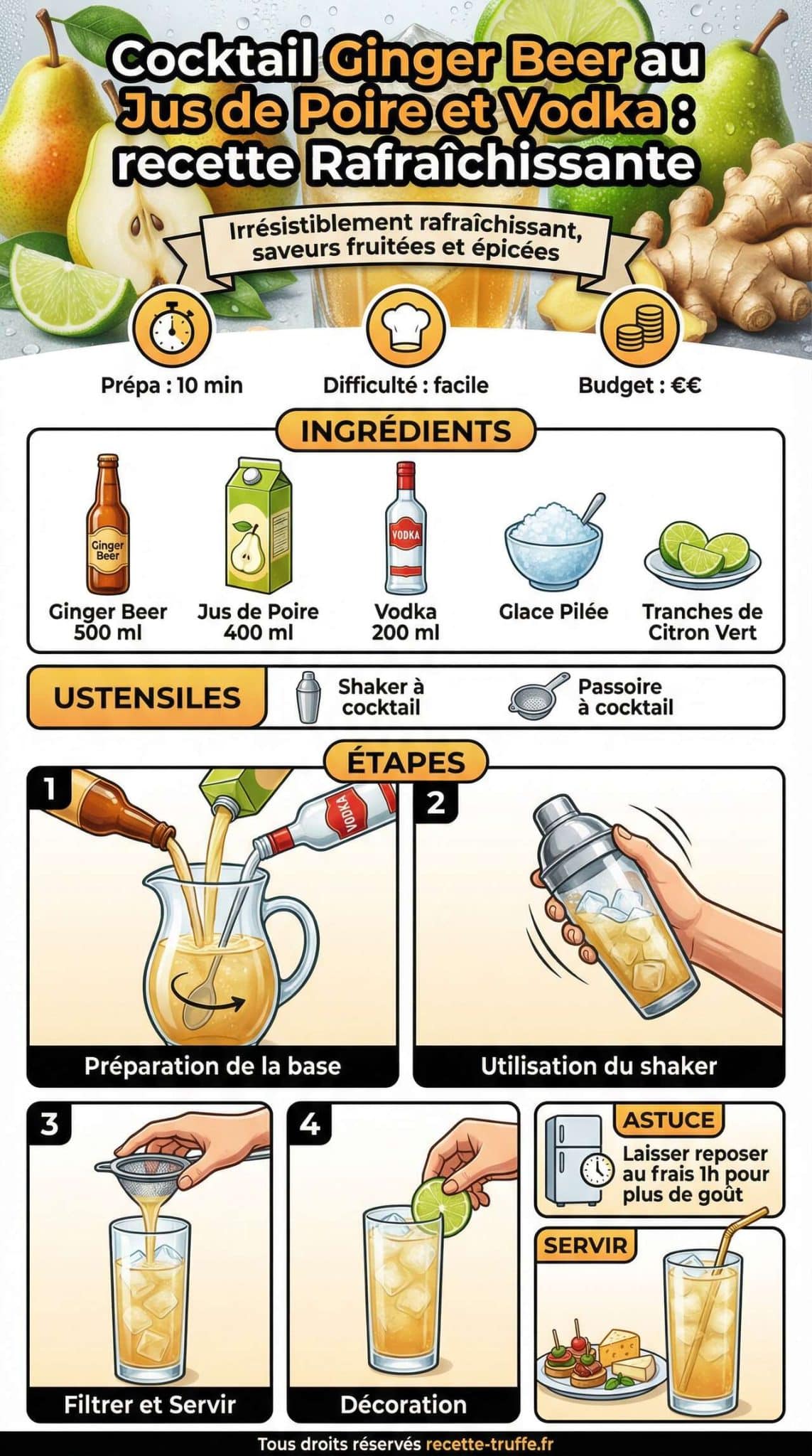 Fiche recette Cocktail Ginger Beer au Jus de Poire et Vodka : recette Rafra&icirc;chissante
