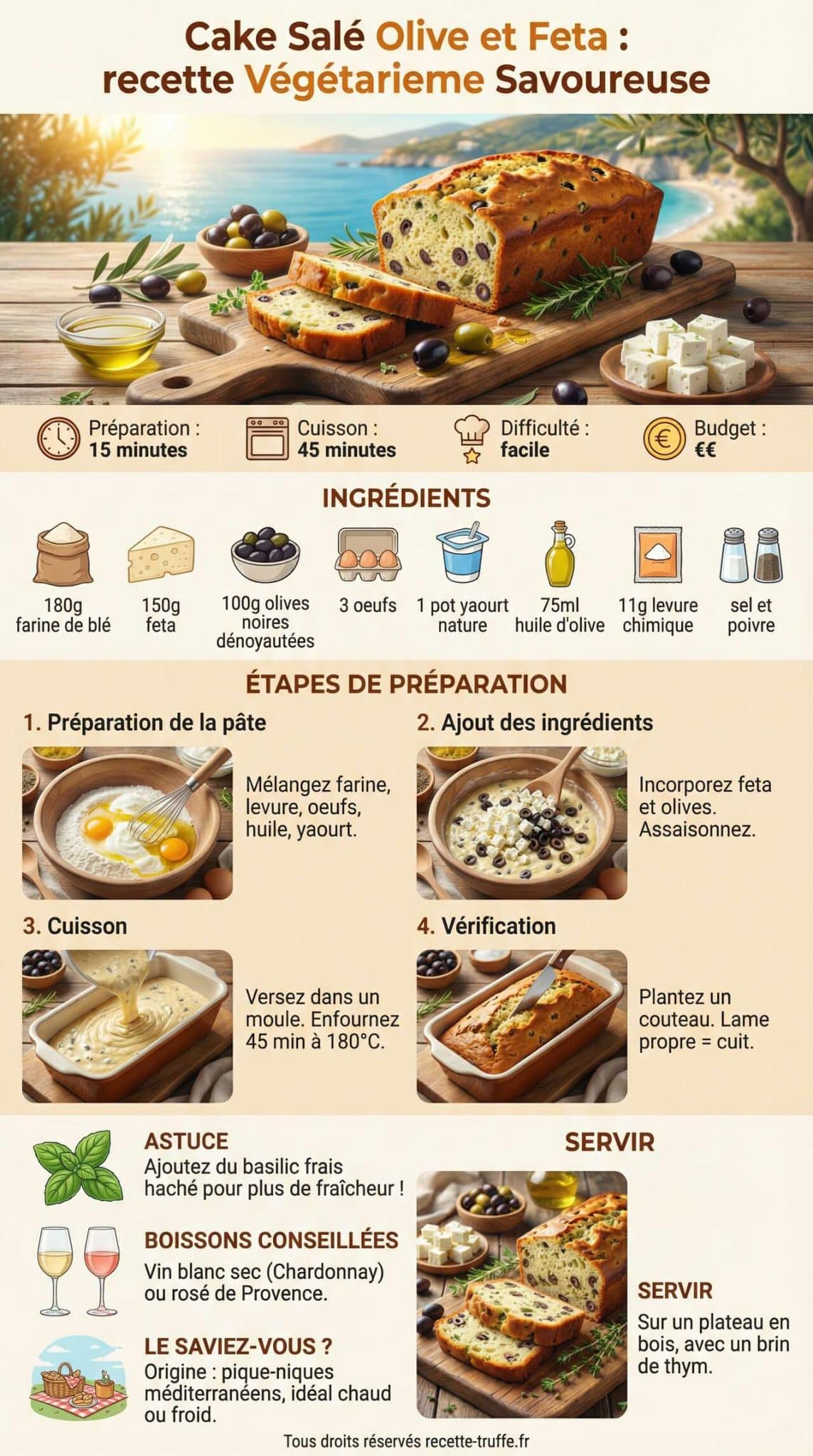 Fiche recette Cake Sal&eacute; Olive et Feta : recette V&eacute;g&eacute;tarienne Savoureuse
