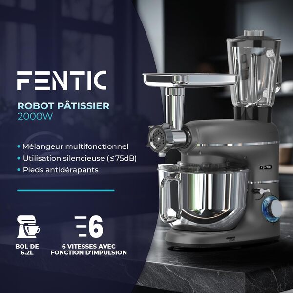 6 en 1 Robot Pâtissier – 2000W - Av. Hachoir à Viande, Mixeur 1,5L, Cutter, Accessoires – Robot Cuisine Multifonctions Av. 6,2L Bol Mélangeur, Fouet, Crochet Pétrisseur, Batteur (Anthracite)