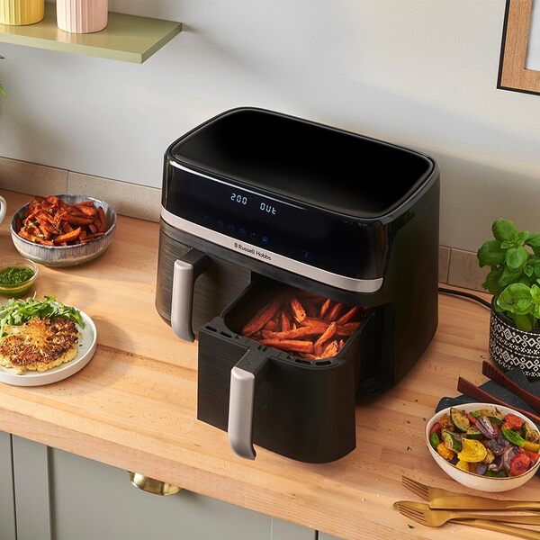 Russell Hobbs Air Fryer Rapid Air XXL (2 compartiments à 4,5 ou 9L total, Compact, silencieux, 9-en-1) Friteuse sans huile (économe, tactile,gril,rôtit et plus, pièces antiadhésives lavables) 27681-56