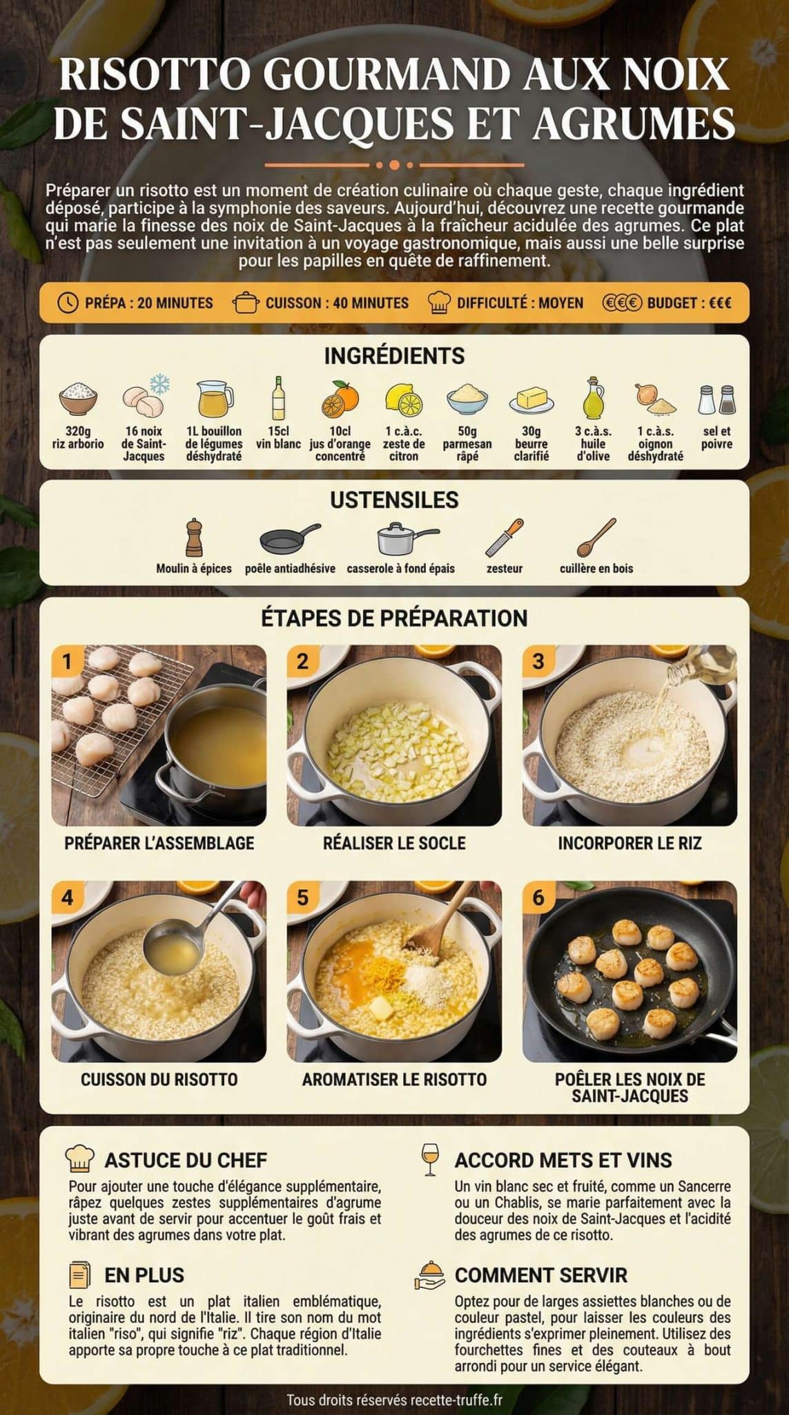 Fiche recette Risotto gourmand aux noix de Saint-Jacques et agrumes