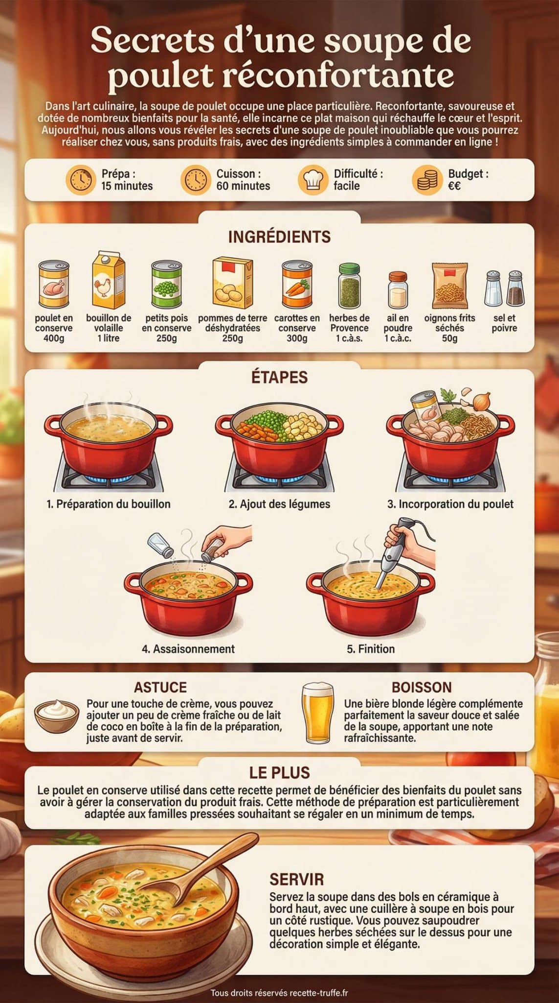 Fiche recette Secrets d'une soupe de poulet r&eacute;confortante