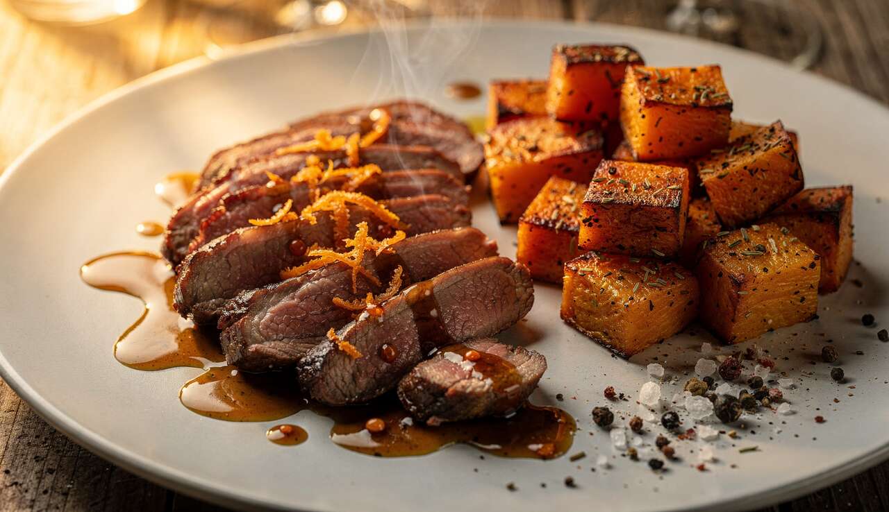 Aiguillettes de canard à l'orange et courge rôtie