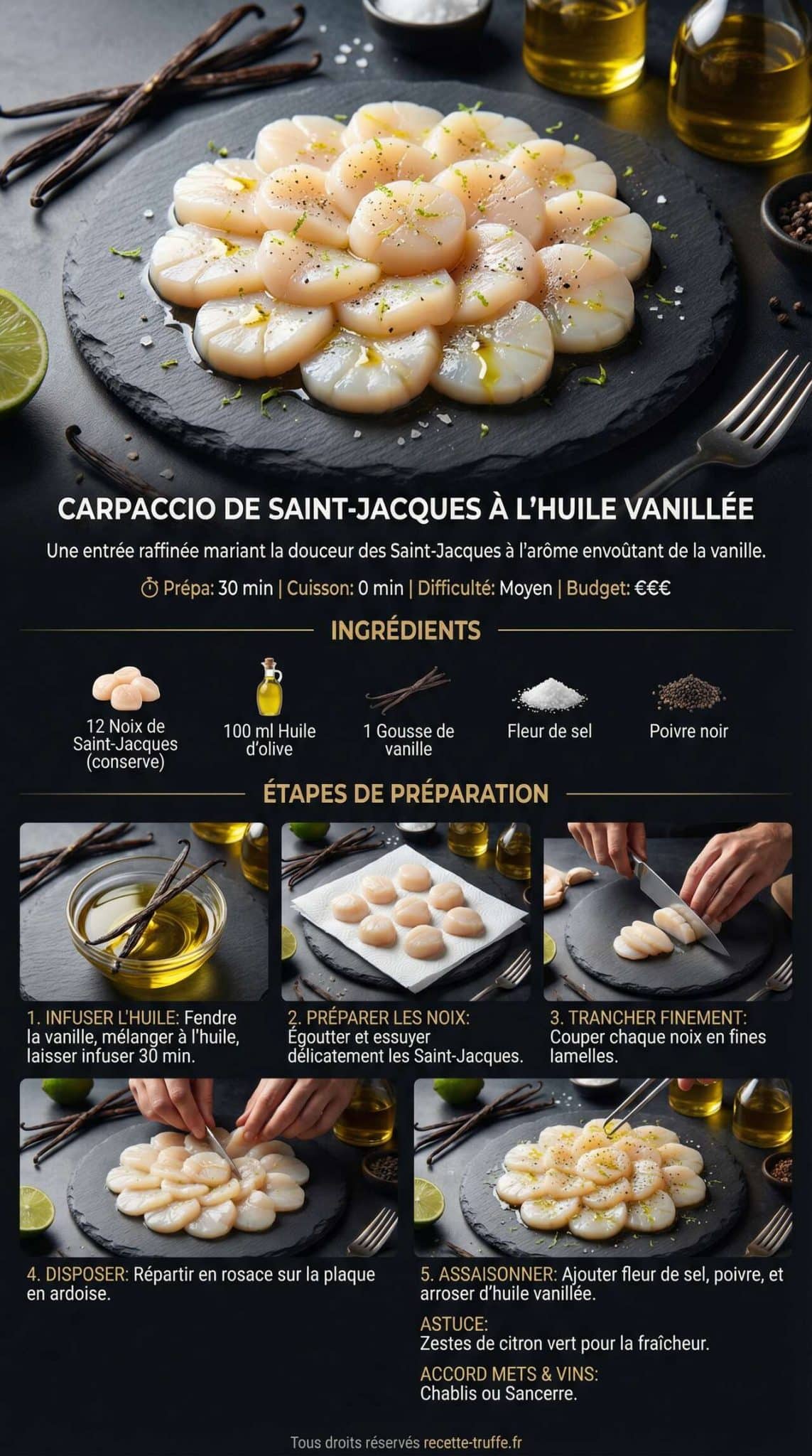 Fiche recette Carpaccio de Saint-Jacques &agrave; l'huile vanill&eacute;e