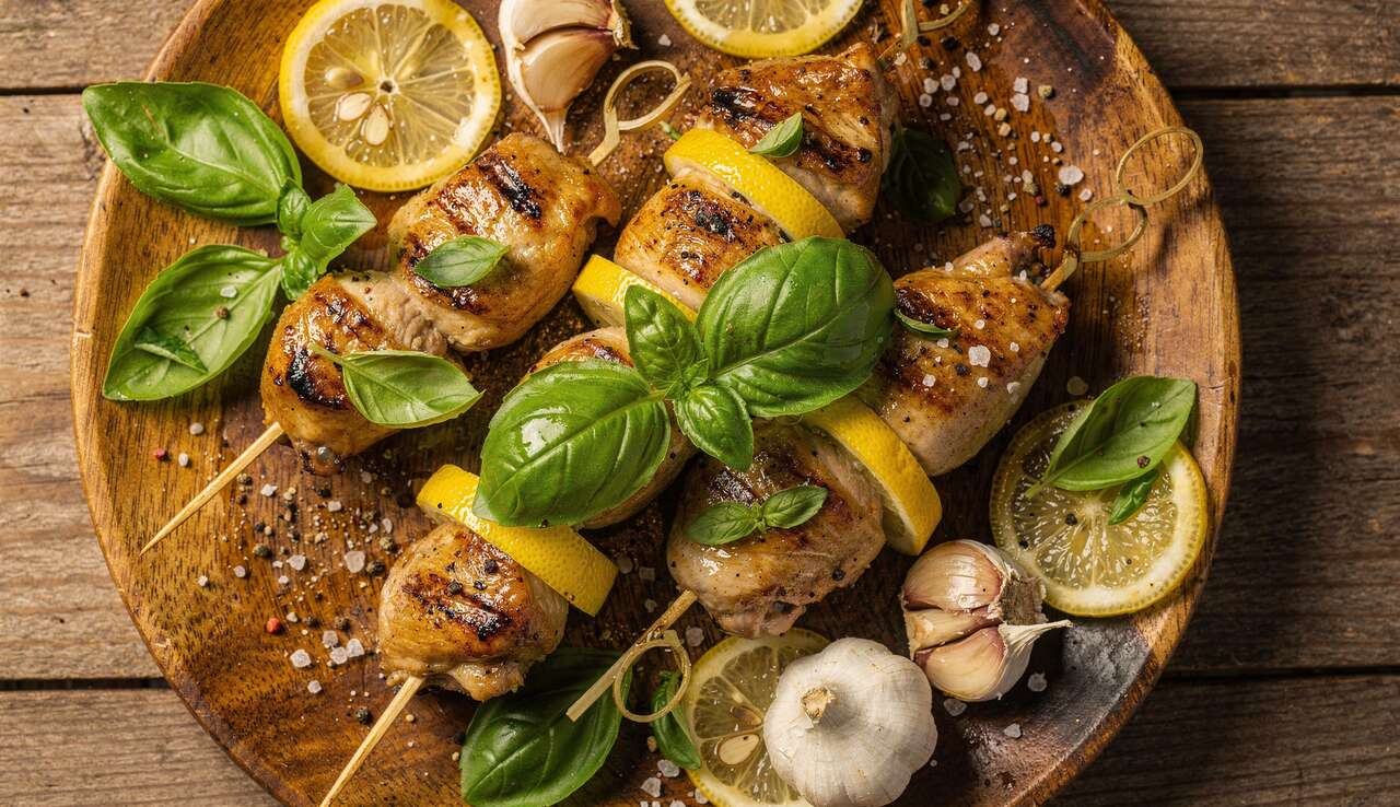 Brochettes de faisan marinées au citron et basilic