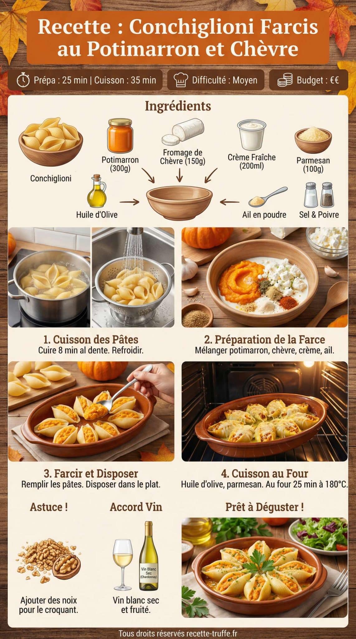 Fiche recette Recette : conchiglioni farcis au potimarron et ch&egrave;vre