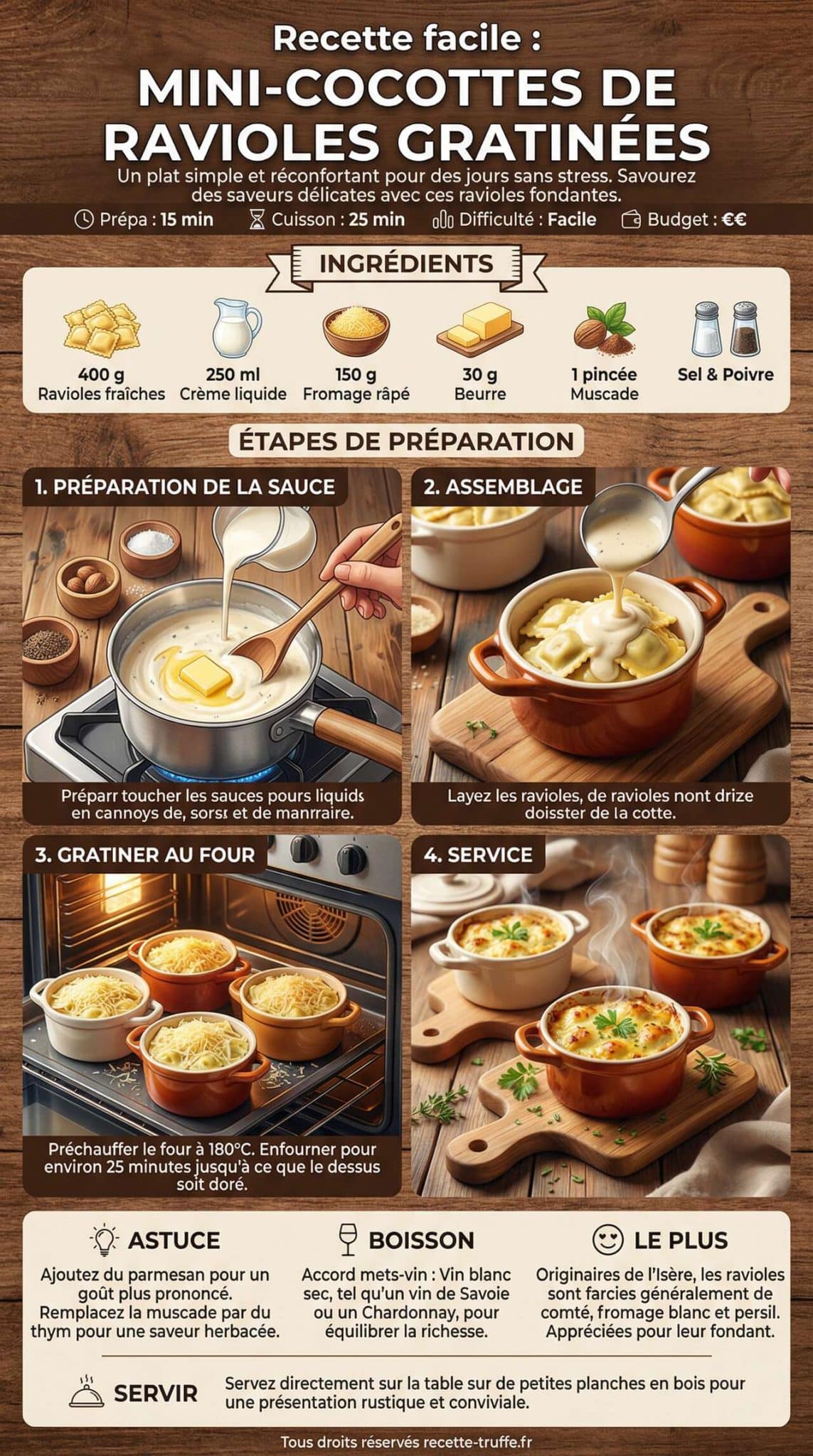 Fiche recette Recette facile : mini-cocottes de ravioles gratinées Fiche recette Recette facile : mini-cocottes de ravioles gratinées