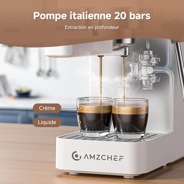 AMZCHEF Machine À Café Expresso 20 bars, avec mousseur à lait professionnel, petite machine à café pour cappuccino, latte et macchiato, réservoir d'eau de 1,5 L, blanche