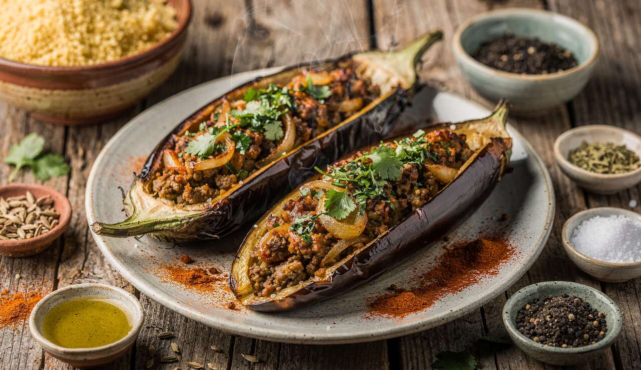 Aubergines farcies à la viande hachée et épices : recette savoureuse