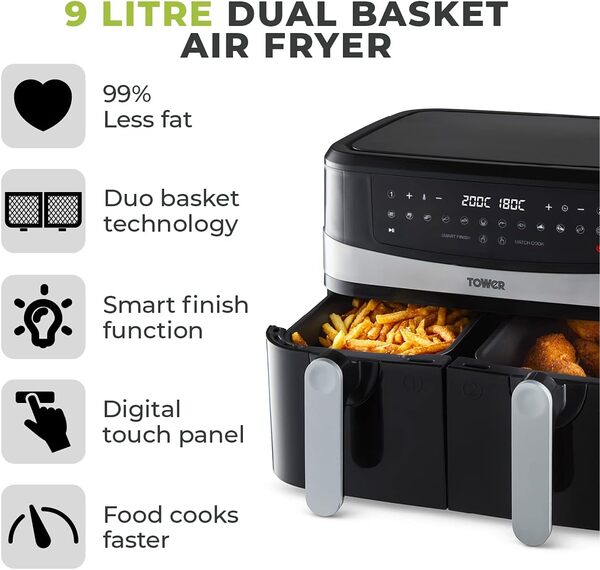 Tower T17088 Vortx Xpress Air Fryer - Friteuse sans Huile - Friteuse Électrique à double panier avec fonction Smart Finish, Puissance de 2 600 W, 9 L, Noir