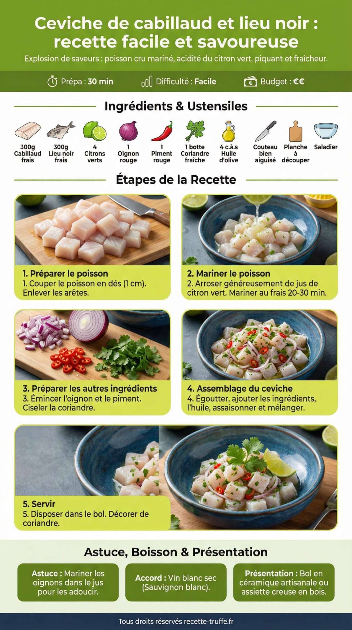 Fiche recette Ceviche de cabillaud et lieu noir : recette facile et savoureuse