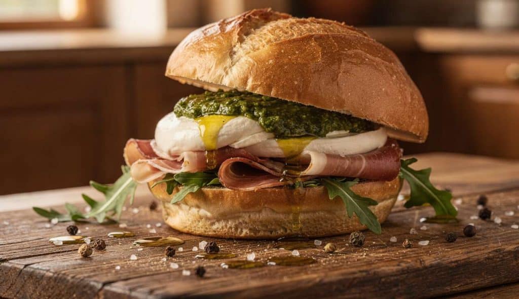 Burger Italien : jambon Cru, mozzarella & Pesto