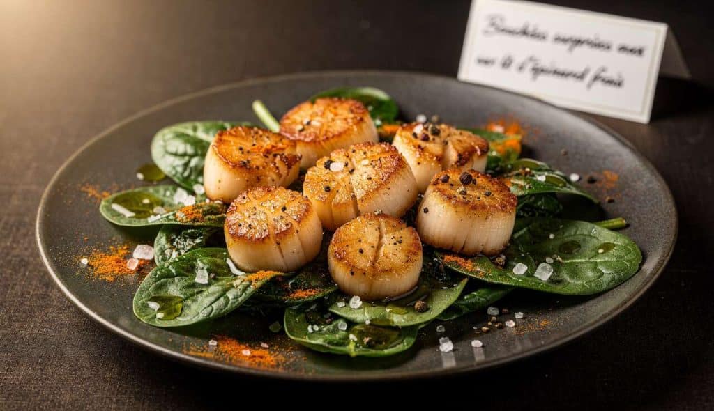 Bouchées surprises aux noix de Saint-Jacques sur lit d'épinards frais