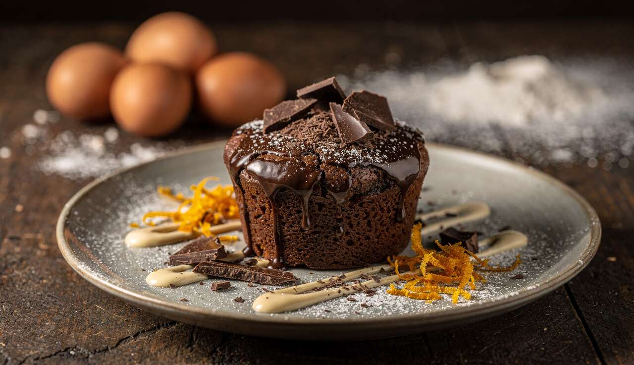 Moelleux au chocolat : purée d'amande et écorces d'orange