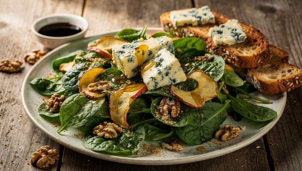 Salade d'épinard et pomme avec tartines de bleu