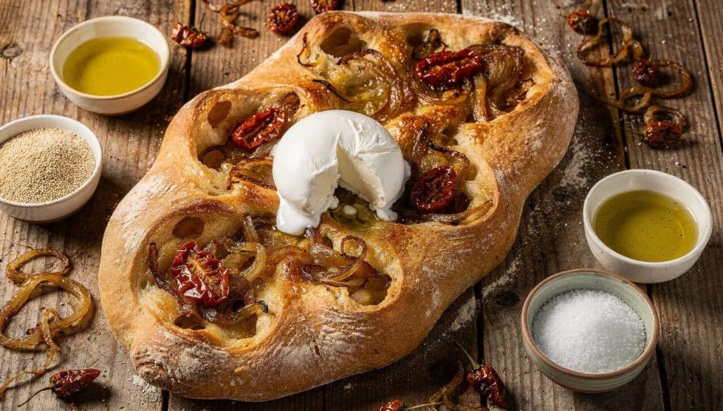 Recette de fougasse aux oignons, burrata et tomates pour un apéritif savoureux