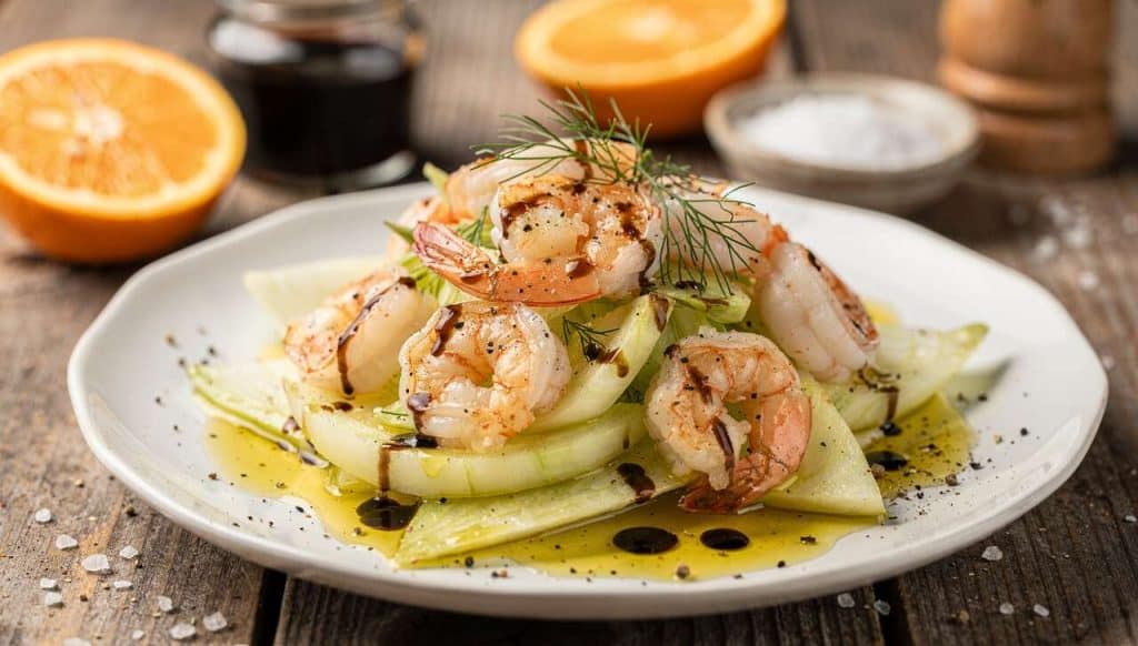 Recette de salade fenouil crevettes sauce agrumes balsamique