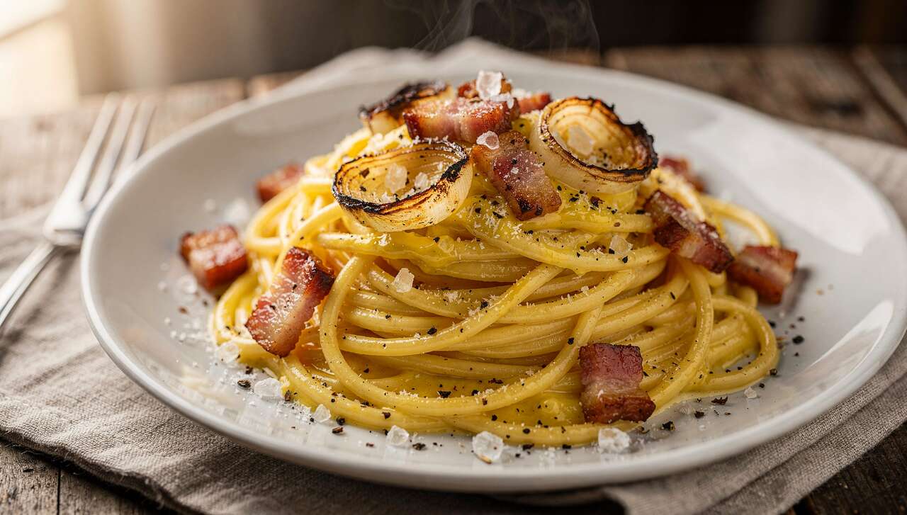 Pâtes à la Carbonara française avec Lardons et Oignons