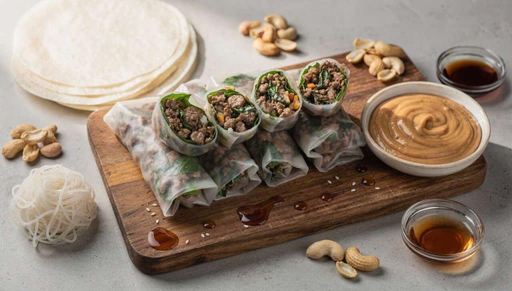Rouleaux de printemps au bœuf et basilic thaï avec sauce cacahuète