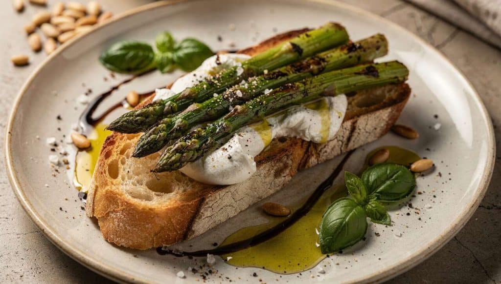 Bruschetta aux asperges grillées et burrata : recette gourmande