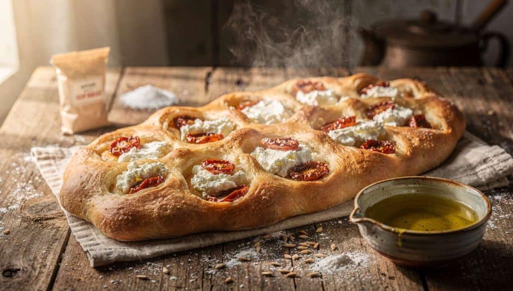 Fougasse maison : recette aux tomates, chèvre et ricotta