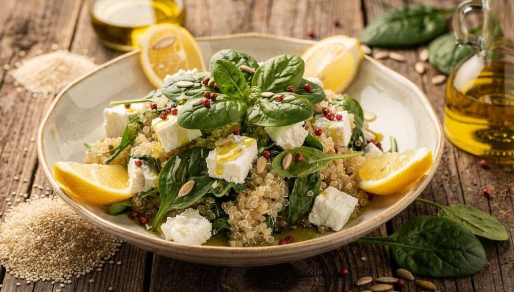 Salade de quinoa, feta et épinards : recette simple et savoureuse