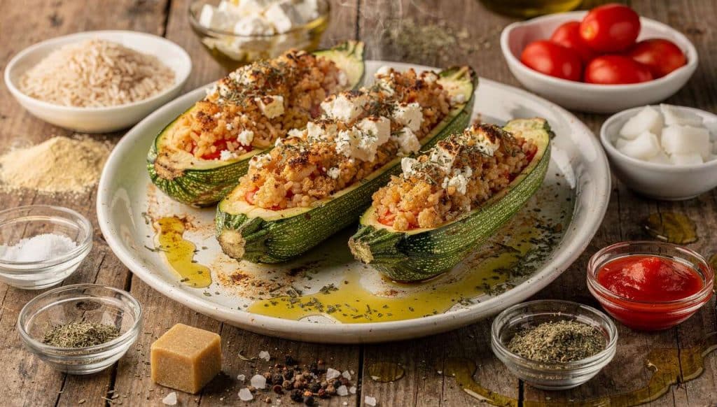 Courgettes farcies au riz et feta au four : recette savoureuse