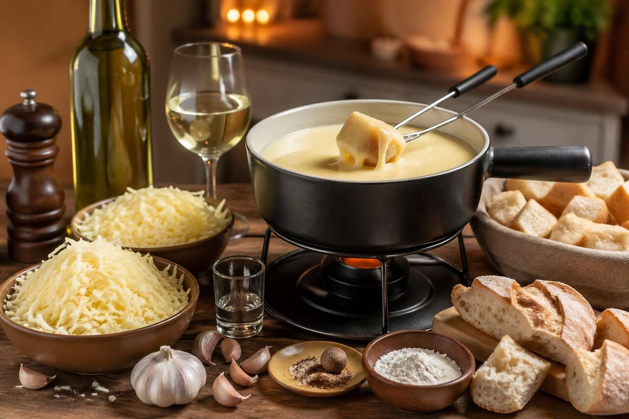 Recette de fondue suisse moitié-moitié aux 2 fromages