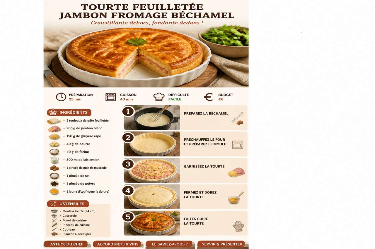 Fiche recette Tourte feuillet&eacute;e jambon fromage b&eacute;chamel : recette savoureuse
