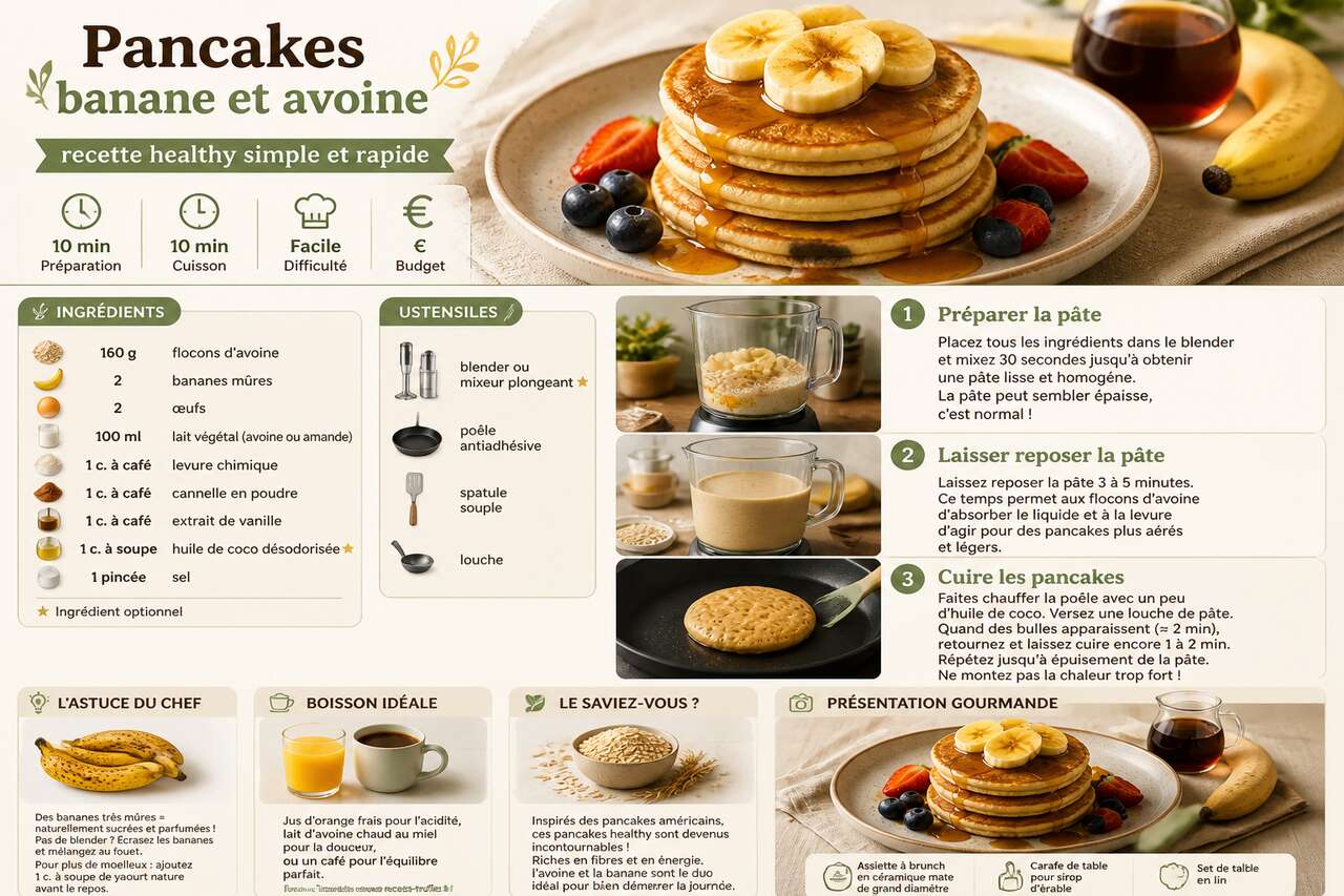 Fiche recette Pancakes banane et avoine : recette healthy simple et rapide